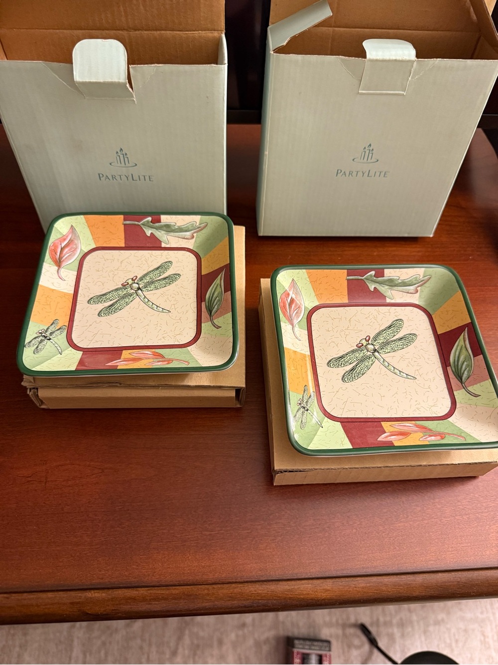 PartyLite Dragonfly Square Salad Plates in Green and Multicolor (Pair)